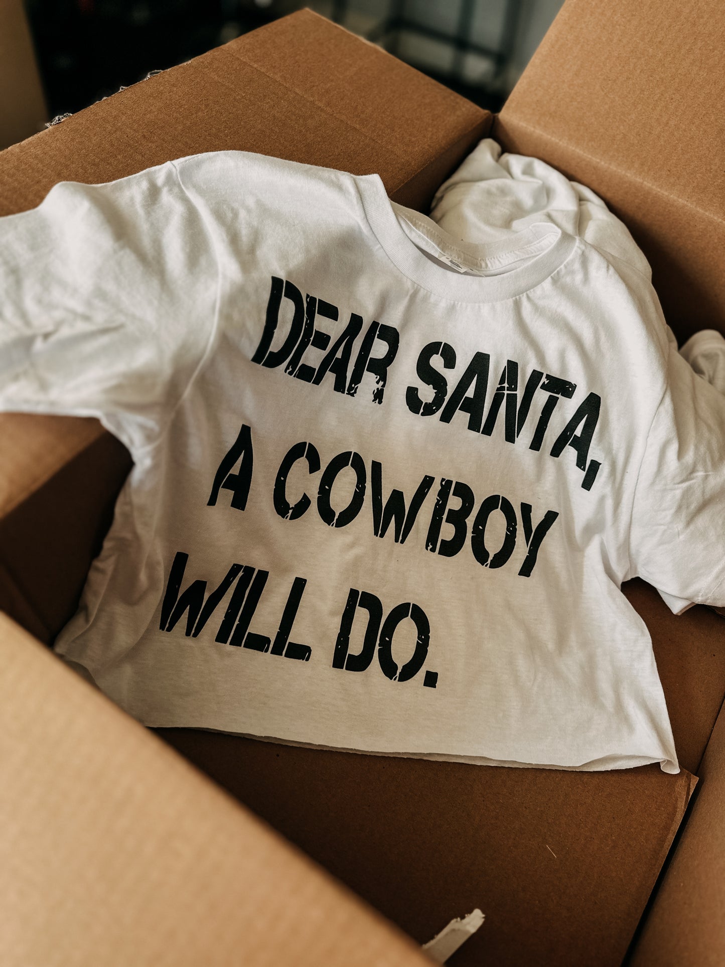 “Dear Santa a cowboy will do” crop tee