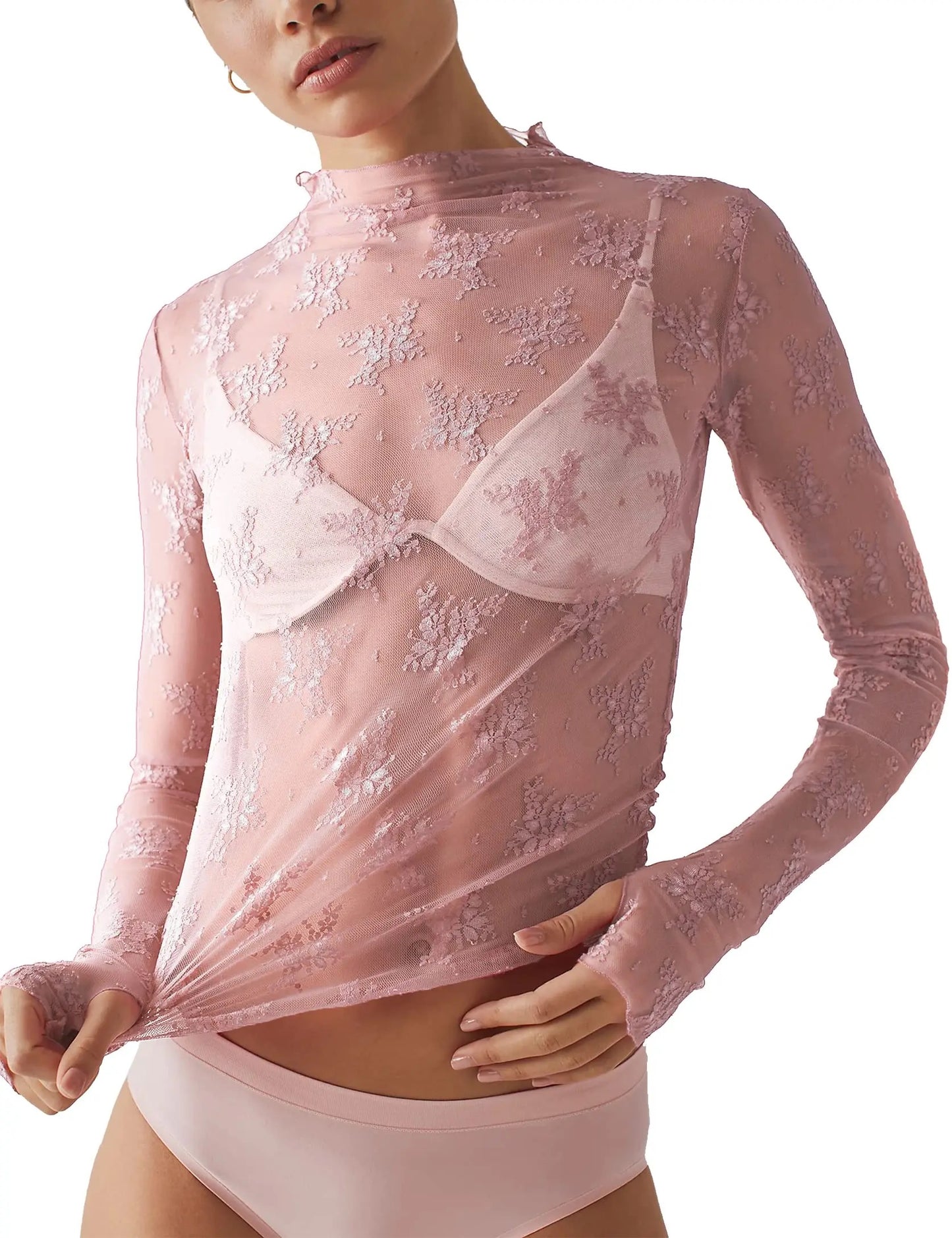 Mesh Long Sleeve Sheer Floral Embroidery Top