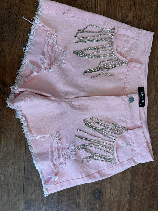 Blue b pink fringe shorts