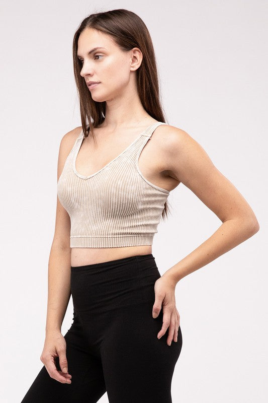 Washed Ribbed Cropped V-Neck Tank Top