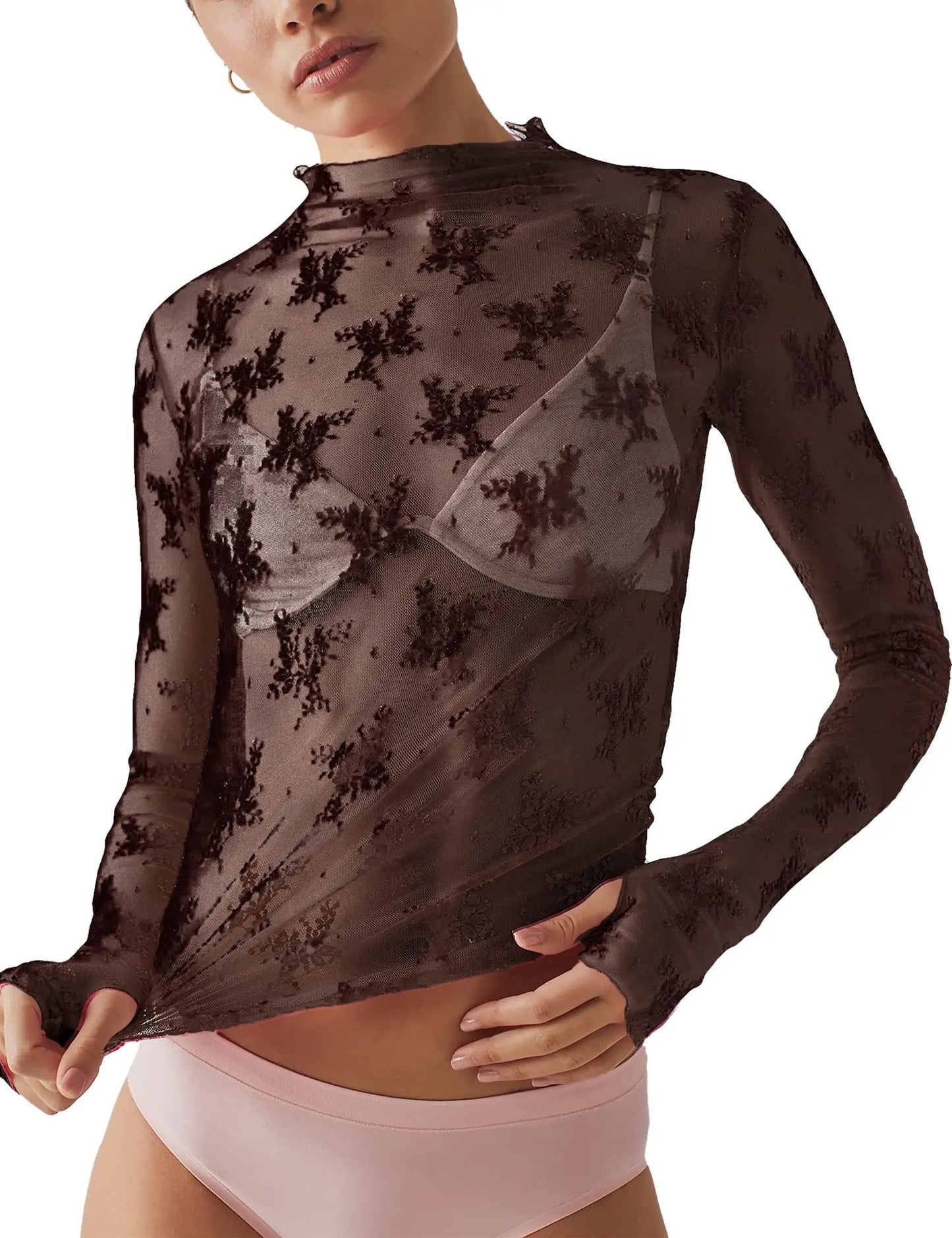 Mesh Long Sleeve Sheer Floral Embroidery Top