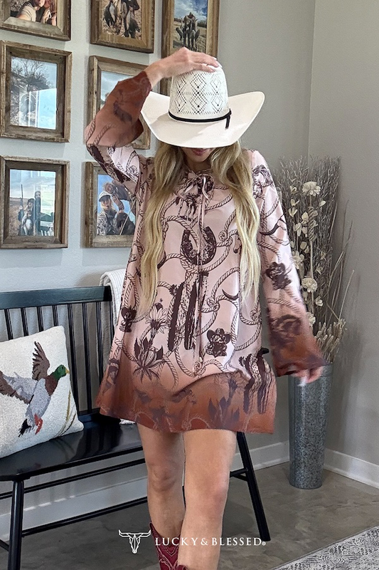 Lucky & Blessed Camel Rope Printed Drawstring Neckline Dress Plus Size